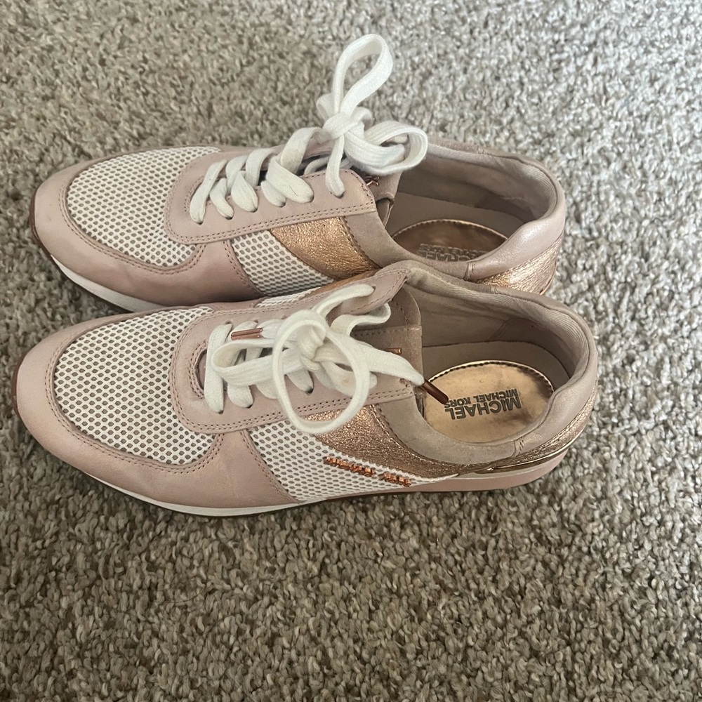 Michael Kors Pink and White Mesh Leather Athletic Sneakers - Picture 2 of 3